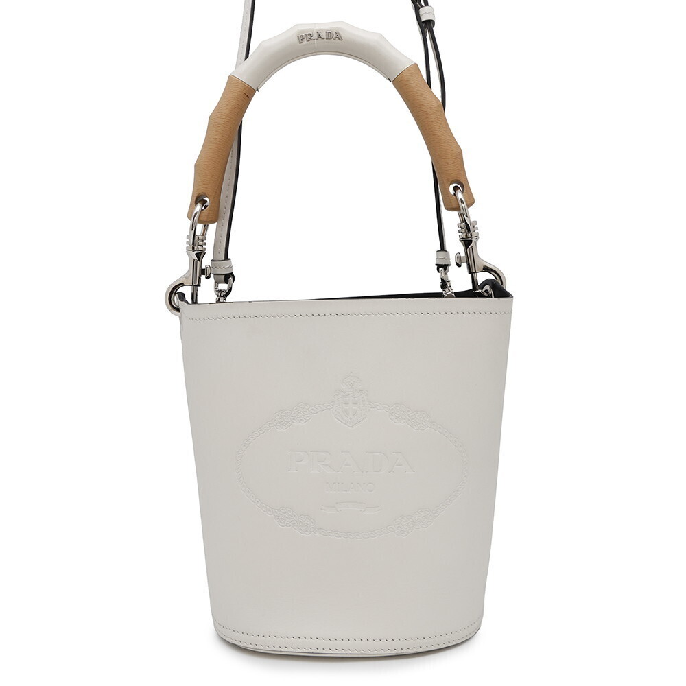 Prada Tambour Bucket Handbag Leather Wood Shoulder Bag White
